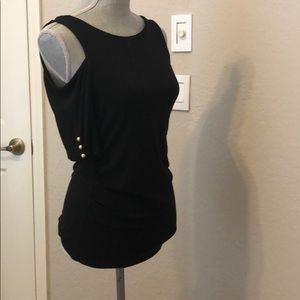 WHBM cold shoulder top with gold button details.